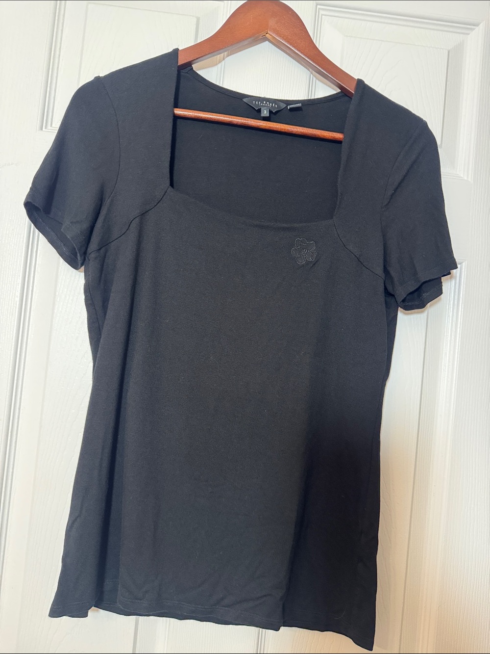 Ted Baker Black Short Sleeve Square Neck Tee with Embroidered Detail